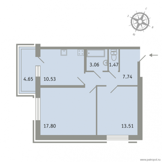 Двухкомнатная квартира 55.8 м²