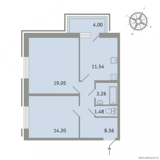 Двухкомнатная квартира 58.6 м²