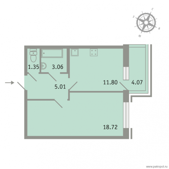 Однокомнатная квартира 41.16 м²