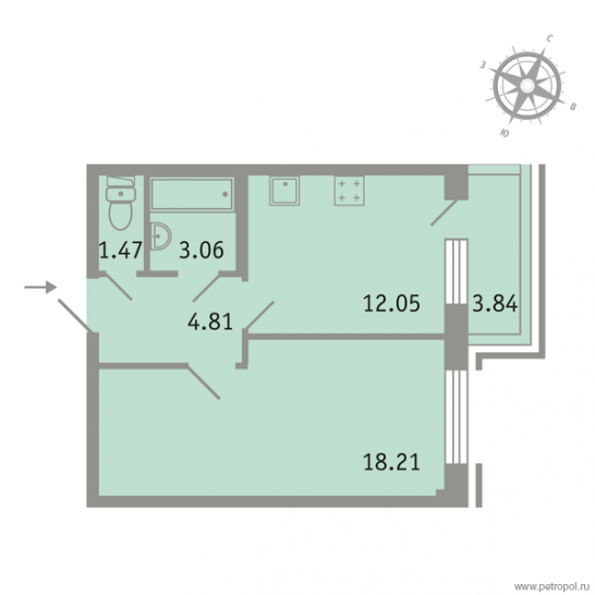 Однокомнатная квартира 40.75 м²