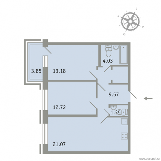 Двухкомнатная квартира 63.1 м²