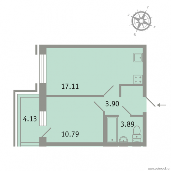Однокомнатная квартира 36.93 м²