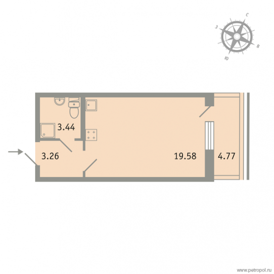 Однокомнатная квартира 27.6 м²