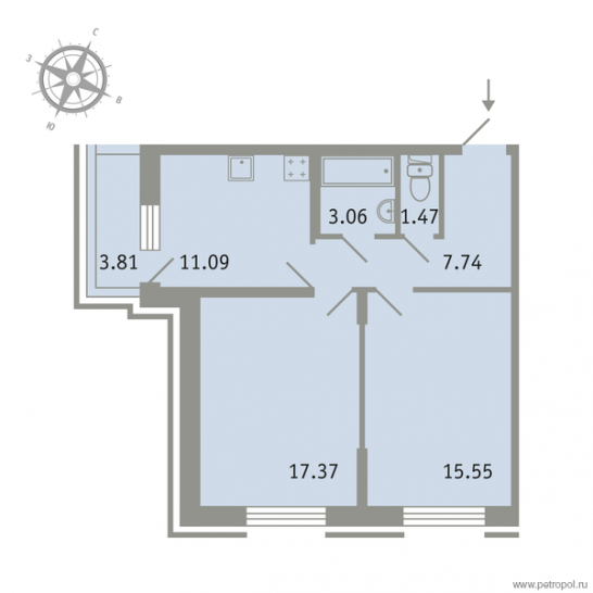 Двухкомнатная квартира 56.1 м²