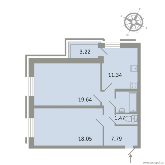 Двухкомнатная квартира 62 м²