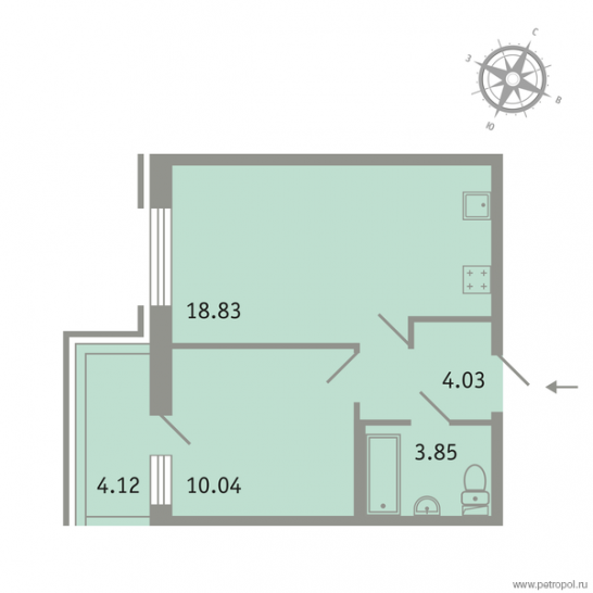 Однокомнатная квартира 37.7 м²