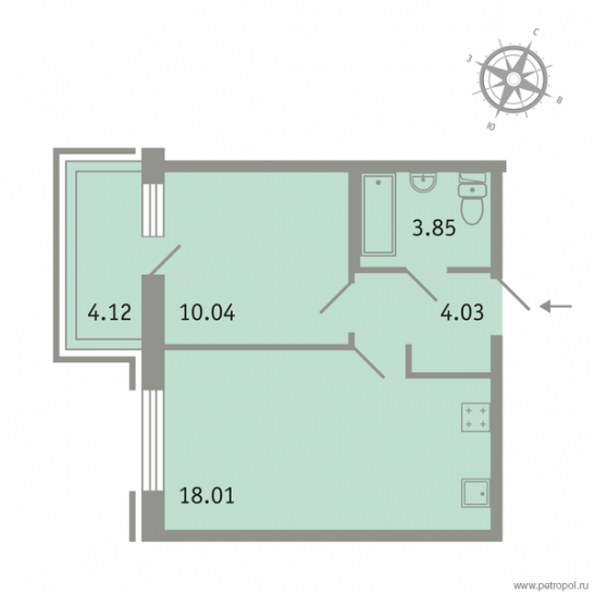 Однокомнатная квартира 37.17 м²