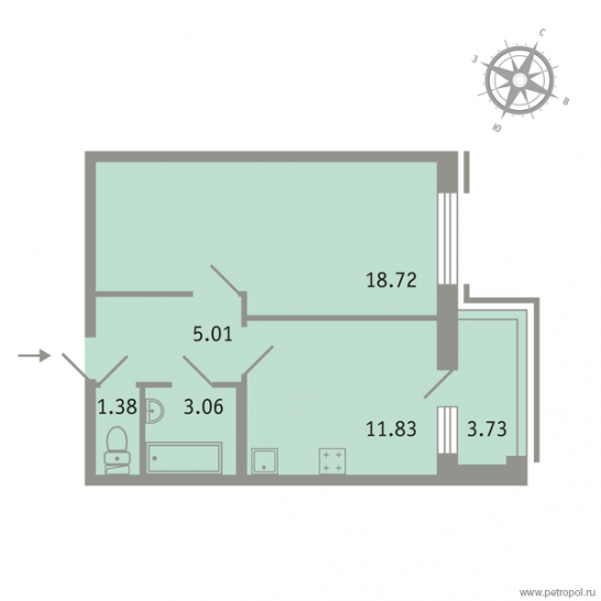 Однокомнатная квартира 41.5 м²