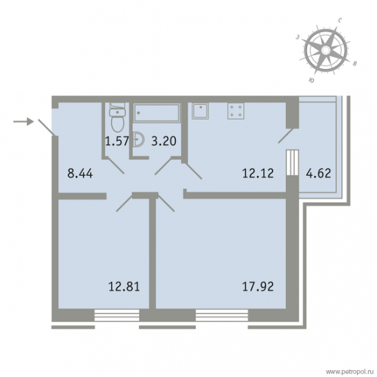 Двухкомнатная квартира 57.1 м²