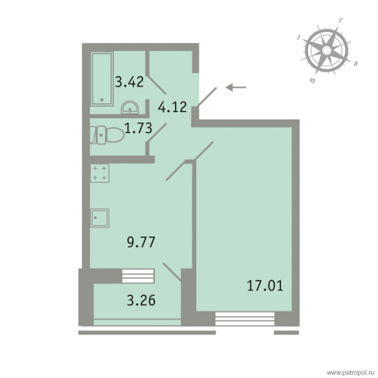 Однокомнатная квартира 38 м²