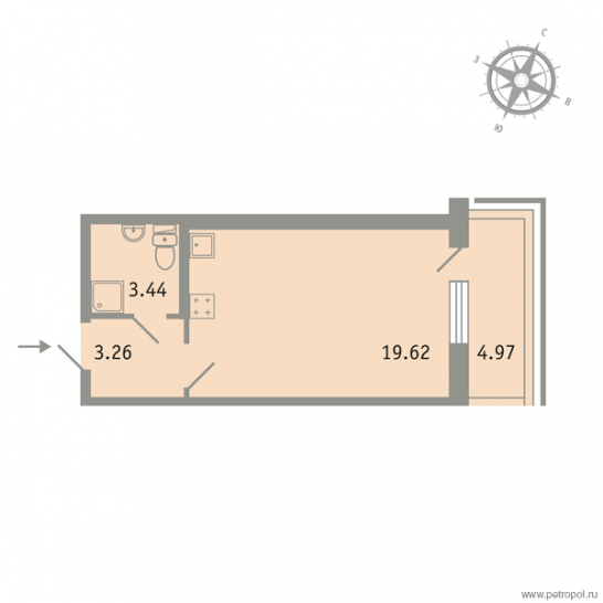 Однокомнатная квартира 27.5 м²