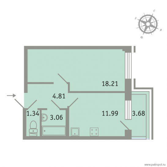 Однокомнатная квартира 40.51 м²