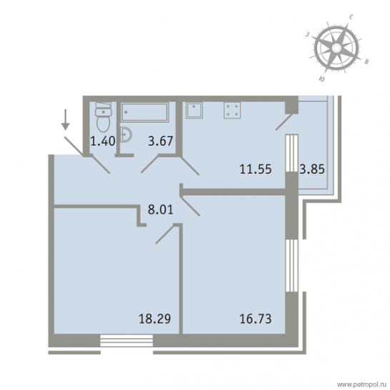 Двухкомнатная квартира 59.8 м²